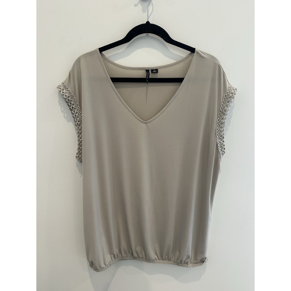 New Directions Taupe V-Neck Crochet Lace Trim Bubble Hem Blouse XL Stretchy